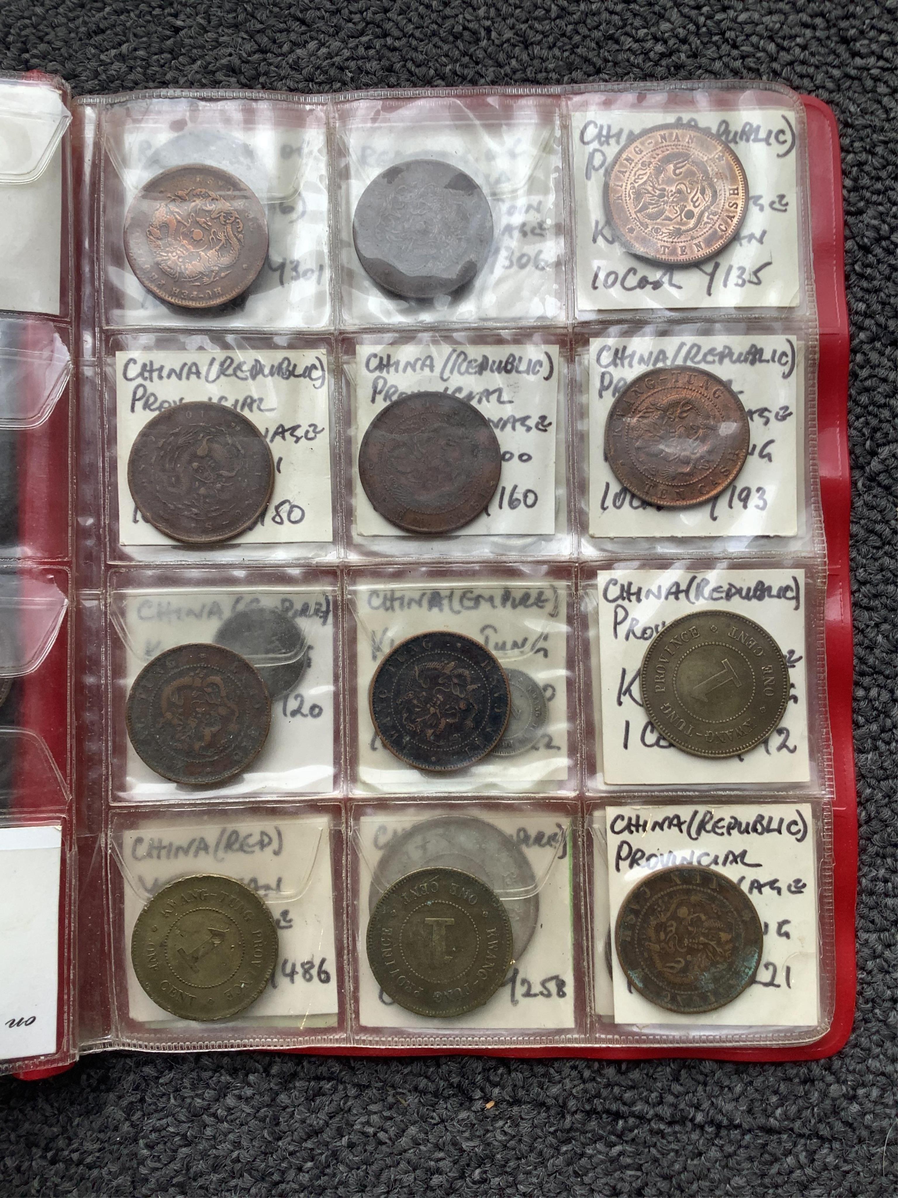 China coins, Qing to Republic period and Taiwan coins, in a small album, including China Empire and Republic period 10 cash, 20 cents, 10 cents, 50 Fen Guangxu restrike, Y#257, etc.